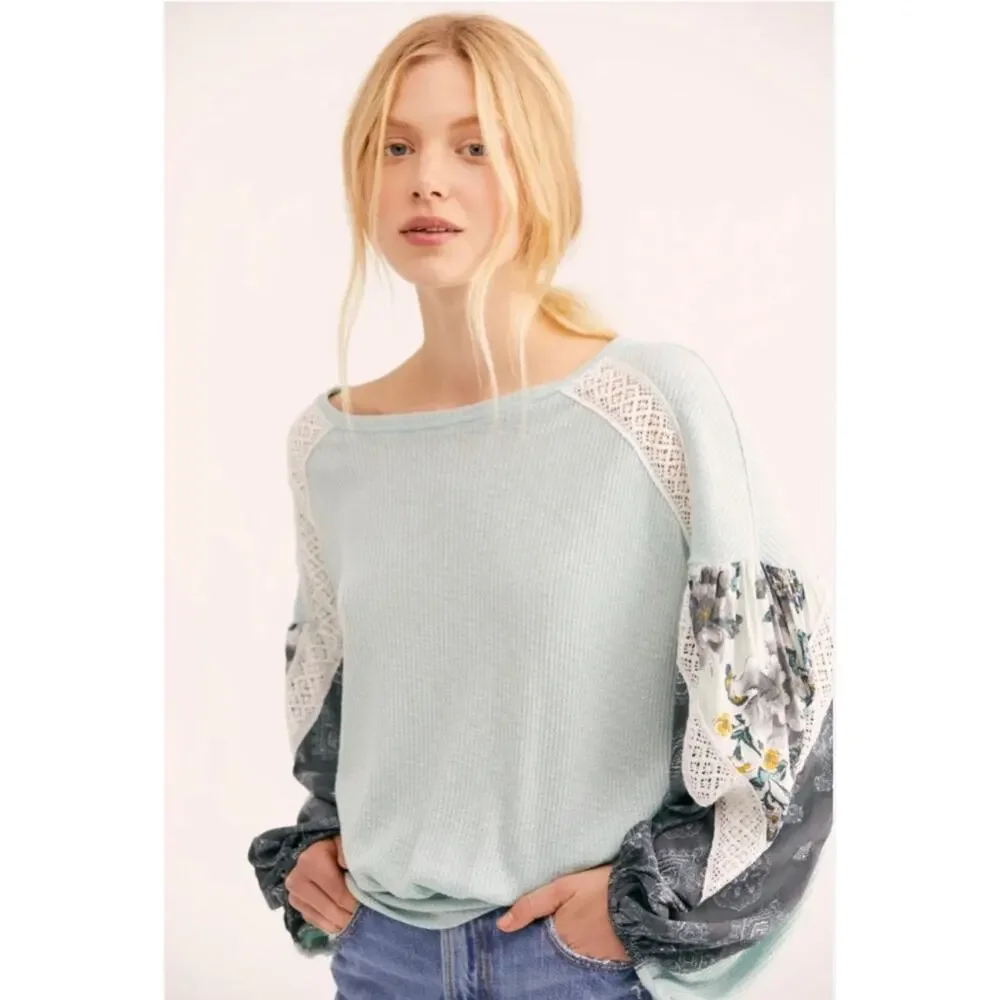 Free People | Women | Casual Clash Mint Mixed Media Balloon Sleeve Top | Small